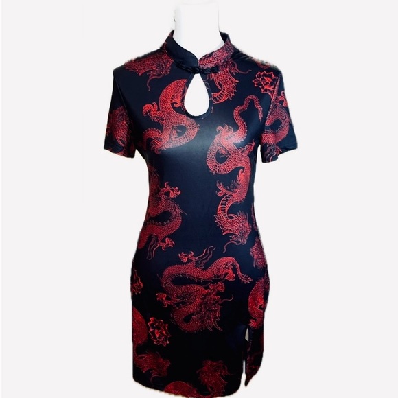 Shein Chinese Dragon Print Side Slit Qipao Dress, Sizes S & M - Picture 14 of 16